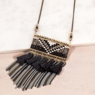 LIVANTA Black Gold Necklace Long necklace pendant in Y Ethnic Native American Gold and Black Rhodium Crystal Beads and Pompoms
