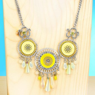 ANGELIE LEMON Yellow Silver Necklace Paved Plastron with Silver and Yellow Rhodium Crystal and Mother-of-Pearl Floral Pendant