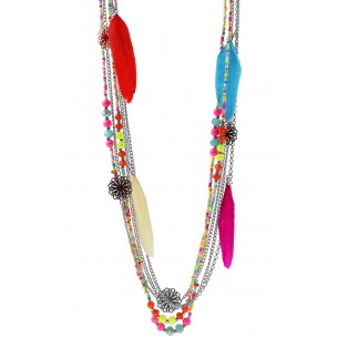 ECUADOR Necklace Color Silver Multi-row necklace with Ethnic Silver and Multicolored Rhodium Crystal and Feathers pendant