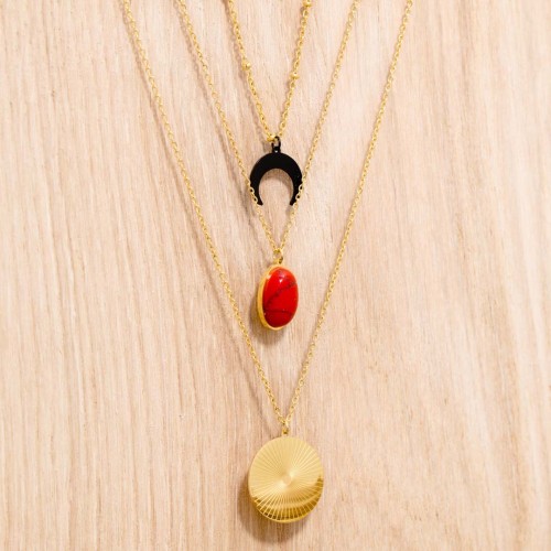 SOL Y MAR STEEL Red Gold necklace Multirow choker with Red Ethnic pendant Stainless steel gilded with fine gold Jasper