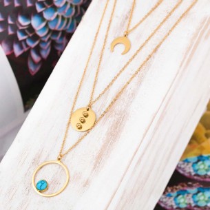 DYSQUAL Blue Gold necklace Multi-row choker Star symbols Golden and Blue Turquoise Stainless steel gilded with fine gold