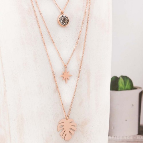 LUGSBY Gray & Rose Gold necklace Multirow choker with Rose and Gray Leaf pendant Stainless steel gilded with fine gold Crystal