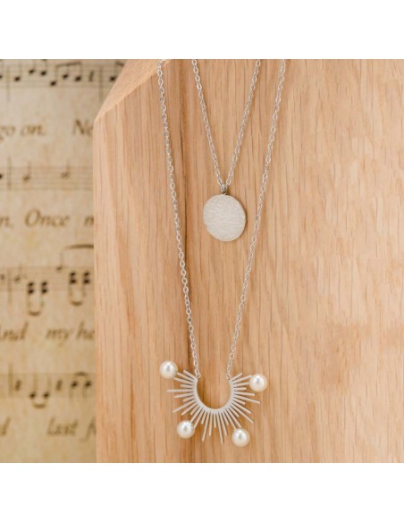 YAGARYS White Silver Necklace Multirow Choker Solar Silver and White Stainless Steel Beads