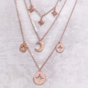 NAGMA Rose Gold necklace Multi-row choker Star symbols Rosé and Rosé Stainless steel gilded with fine rose gold