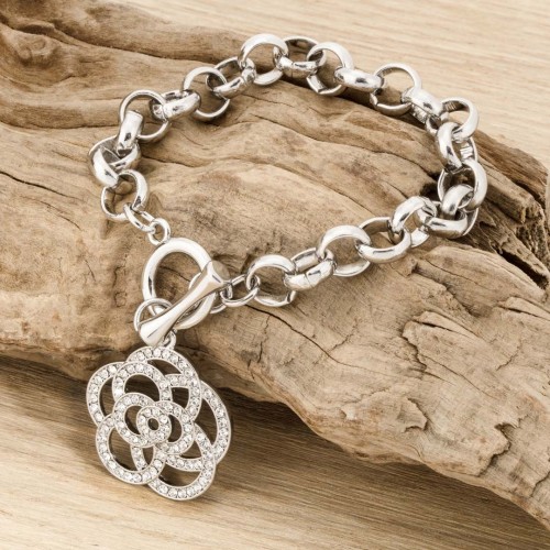 FLONELLE White Silver Bracelet Thin flexible chain bracelet Camellia Silver and White Rhodium Crystal