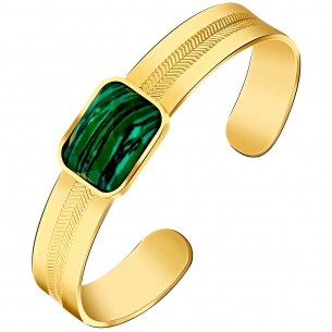 Bracelet GEOLYS Emerald Green Gold Manchette flexible rigide Doré et Vert Acier inoxydable doré à l'or fin Pierre Malachite
