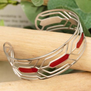 Bracelet DALI Red Silver Manchette réglable flexible rigide ajourée Ethnique Argent et Rouge Acier inoxydable émaux