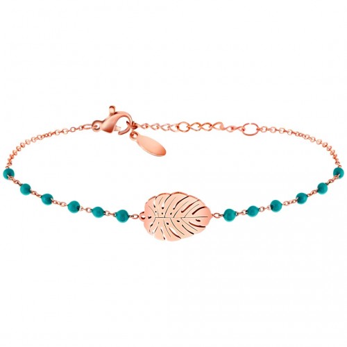 FOREST Green & Rose Gold bracelet Thin flexible chain bracelet Leaf Rosé Green Stainless steel gilded with fine gold Pearls
