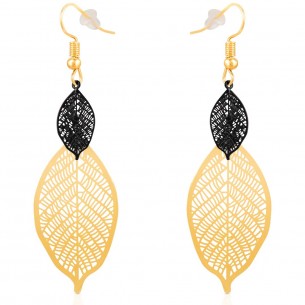 FOCHIANE Black Gold earrings Long openwork pendants Filigree leaves Gold and Black Brass gilded with fine gold