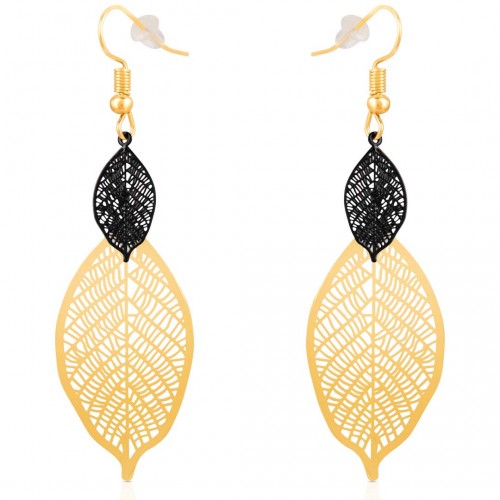 FOCHIANE Black Gold earrings Long openwork pendants Filigree leaves Gold and Black Brass gilded with fine gold