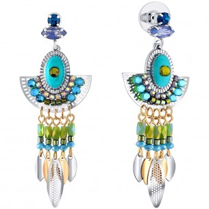 GRANADA Blue Green Silver Earrings Long pendants with Silver and Blue Green Rhodium Crystal fan pendant