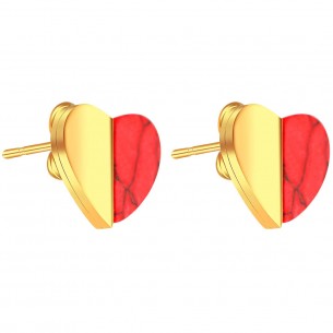 ROMANCE Red Gold earrings Studs Two-tone heart Golden and Red Stainless steel gilded with fine gold Red Jasper stone 2