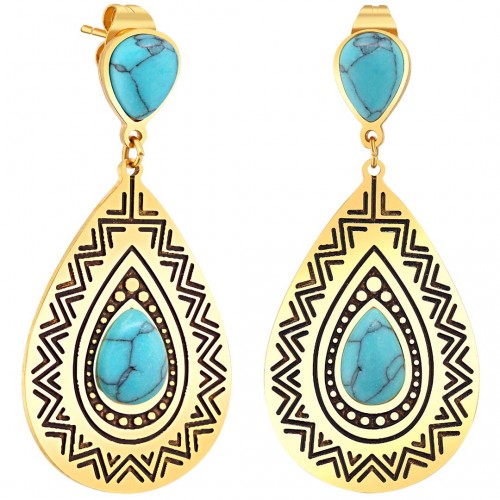 FRANCESCA Blue Gold earrings Mid-length pendants Ethnic Golden and Turquoise Stainless steel gilded with fine gold