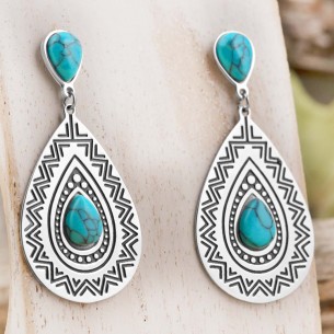 FRANCESCA Blue Silver earrings Mid-length pendants Ethnic Silver and Blue Turquoise Stainless steel