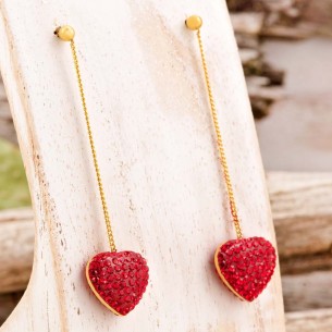 Boucles d'oreilles RED LOVE Red Gold Pendantes longues à pendentif Cœur Doré et Rouge Doré à l'or fin Cristal