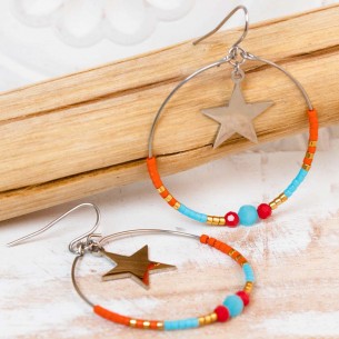 Boucles d'oreilles MONIA Color Silver Pendantes ajourées à pendentif étoile Argent et Multicolore Acier inoxydable Perles