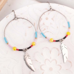 Boucles d'oreilles LIBRA Color Silver Pendantes ajourées à pendentif Plumes Argent et Multicolore Acier inoxydable Perles