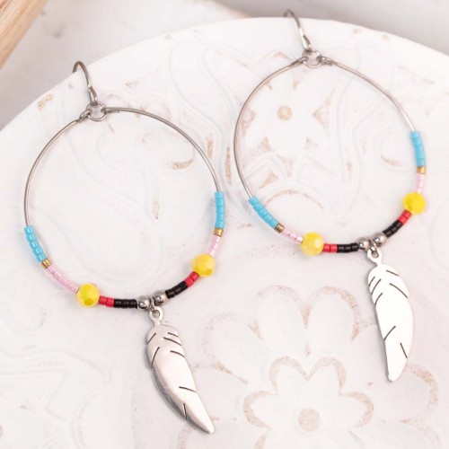 LIBRA Color Silver earrings Openwork pendants with Silver and Multicolored Feathers pendant Stainless steel Pearls