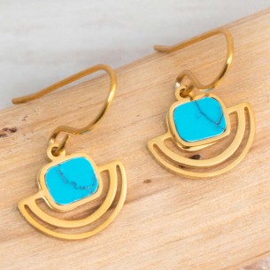 LYZO Blue Gold earrings Short pendants Antique Golden and Blue Stone Turquoise Stainless steel gilded with fine gold
