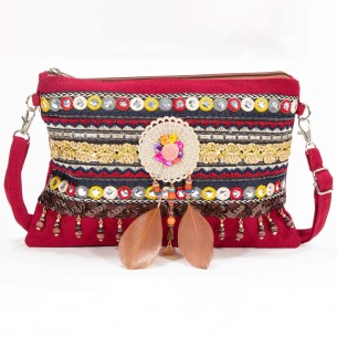 Leather goods MEDALO Red Silver Ethnic shoulder bag Silver and Red Cotton Ethnic embroidery decorations jewelry and feathers