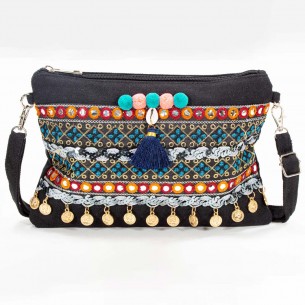 Leather goods QUECHULI Black Silver Ethnic shoulder bag Silver and Black Cotton Ethnic embroidery and jewelry decorations