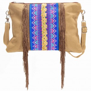 Leather goods NATIVIO Taupe Silver Ethnic shoulder bag Silver and Taupe Cotton Ethnic embroidery and fringe decorations