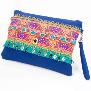 Leather goods ORIENT Blue Silver Ethnic shoulder bag Silver and Blue Cotton Ethnic embroidery decorations jewelry and fringe