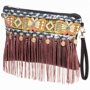 Leather goods CAMASI Black Silver Ethnic shoulder bag Silver and Black Cotton Ethnic embroidery jewelry decorations and fringe