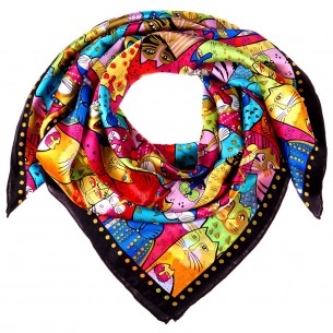 ANIMIS Color Black large square silk scarf with Black and Multicolored cat print 100% silk All-over print