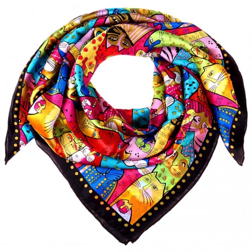 ANIMIS Color Black large square silk scarf with Black and Multicolored cat print 100% silk All-over print