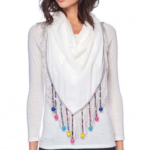 UNIDAD BLANCO White Color Triangle scarf with charms Ethnic Multicolored and White Cotton Plain Fringe and jewelry decorations