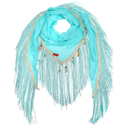 CHOA VERDE Aqua Green Color triangle scarf with fringe Ethnic Water green Polyester Cotton Plain Fringe embroidery decorations