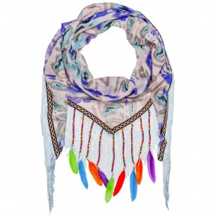 PIKARIOS Sky Blue Color Triangle scarf with Sky Blue and Multicolor Camouflage charms Viscose Cotton Printed feather fringes