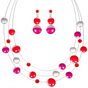 CANDIES Red Coral Silver set Multi-row choker and Satellite earrings Red Coral Silver-plated brass Enamel crystal