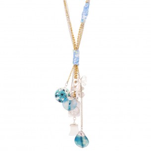 Necklace SUMMY Blue Gold Long necklace pendant in Y Liberty Golden Blue Gilded with fine gold Agate mother-of-pearl crystal
