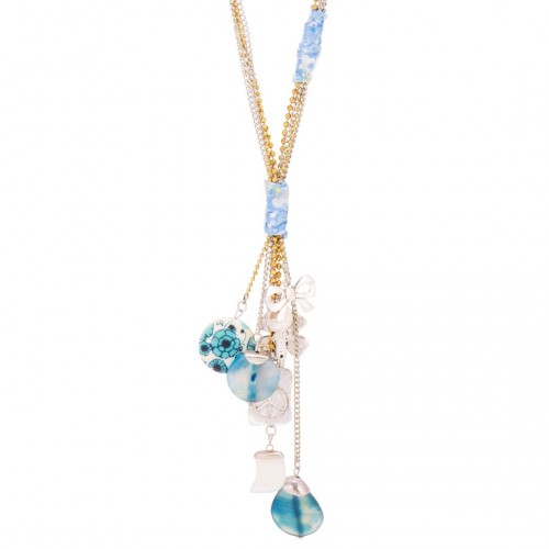 Necklace SUMMY Blue Gold Long necklace pendant in Y Liberty Golden Blue Gilded with fine gold Agate mother-of-pearl crystal