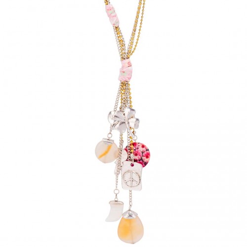 Necklace SUMMY Pink Gold Long necklace pendant in Y Liberty Gold and Rose Gold with fine gold Crystal Mother-of-pearl and agate