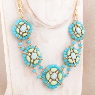 BLOSSOMA Turquoise Gold necklace Paved plastron Triangular crystal cabochons Gold and Turquoise Rhodium Set crystals