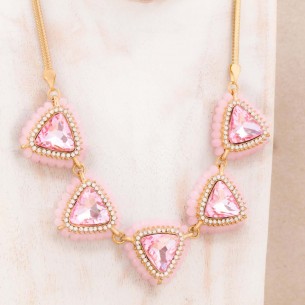 Collier LUMIA Pink Gold Plastron pavé Cabochons cristal triangulaires Doré et Rose Rhodium Cristaux sertis