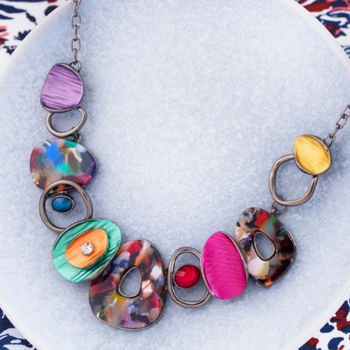 VULCAN Color Silver Necklace Contemporary Paved Plastron Silver and Multicolor Rhodium Crystal and Resins and Enamels