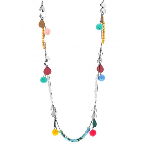 MAELUNE Color Silver Necklace Pendant Necklace Contemporary Silver and Multicolor Gilded with fine gold Crystal and Pompoms