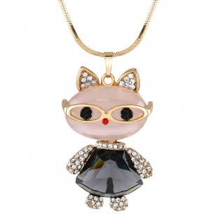 Collier THE SMART CAT Grey Gold Sautoir pendentif en Y Chat à lunettes Doré et Gris Rhodium Cristal
