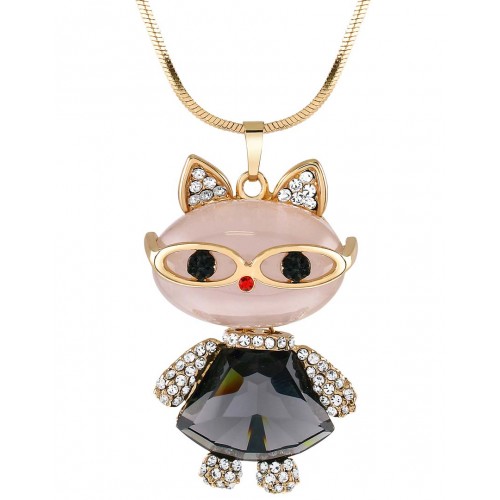 Collier THE SMART CAT Grey Gold Sautoir pendentif en Y Chat à lunettes Doré et Gris Rhodium Cristal