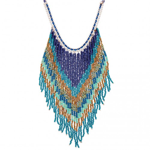 Necklace VAZDA Blue Silver Plastron with fringe Native American Ethnic Silver and Blue Rhodium Beads
