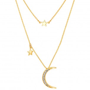 Collier MOON & STARS White Gold Ras de cou Multirangs à pendentif Lune et étoile Doré et Blanc Doré à l'or fin Cristal