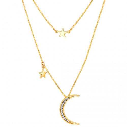 MOON & STARS White Gold necklace Multi-row choker with Moon and star pendant Gold and White Gold-plated with fine gold Crystal