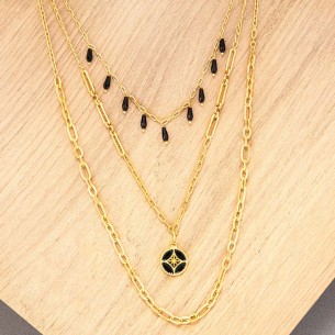 SIGNO Black Gold Necklace Multi-row choker with Star Symbol pendant Gold and Black Stainless steel gilded with fine gold