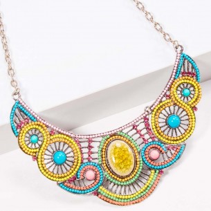 Necklace MUSEA Color Silver Ethnic Openwork Pave Plastron Silver and Multicolor Rhodium Crystal and Resins and Glass Pates