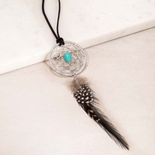 SUENILA Turquoise Silver Necklace Long Pendant Ethnic Dream Catcher Silver Rhodium Crystal Reconstituted Turquoise Feathers