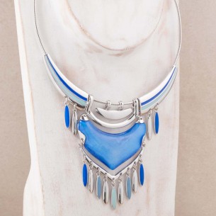 Collier SOYANE Blue Silver Plastron à frange Ethnique amérindien Argent et Bleu Rhodium Résines et émaux